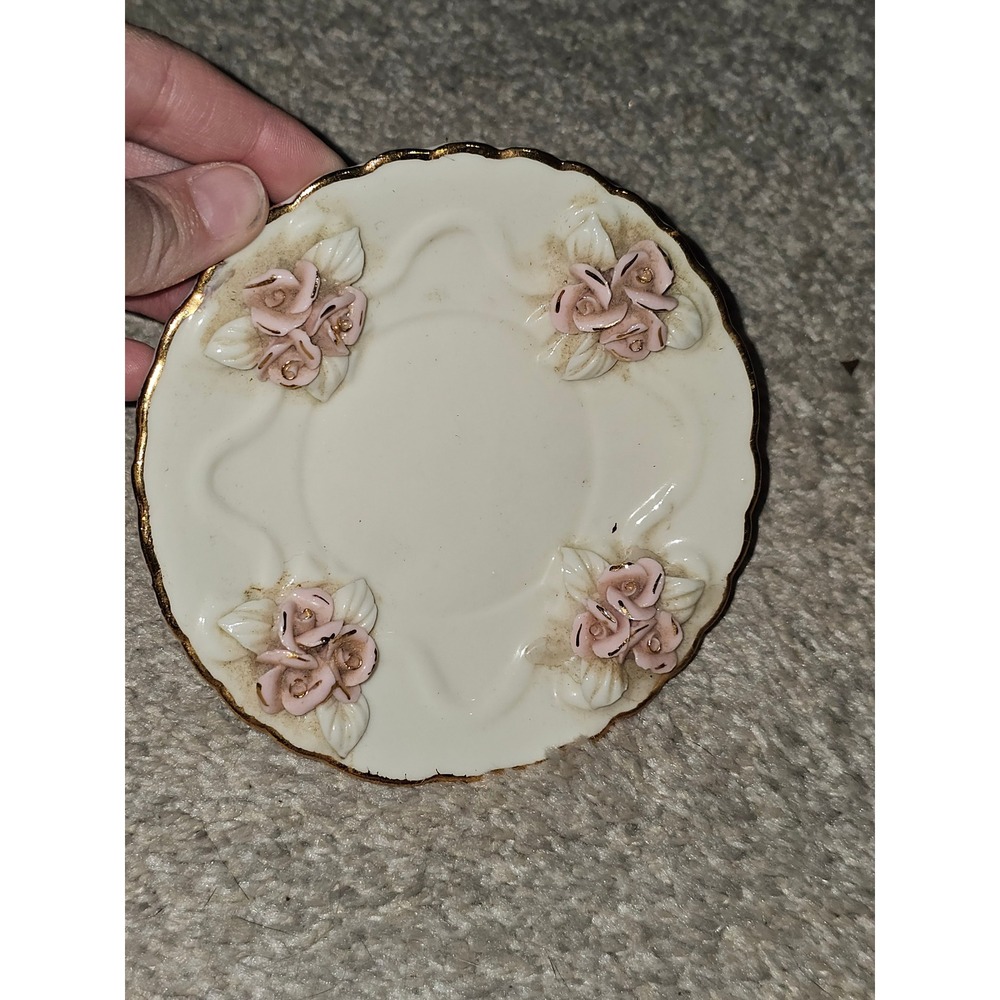 Vintage Miniature Wall Hanging Plate Pink 3D Porcelain Roses Gold Trim Cream